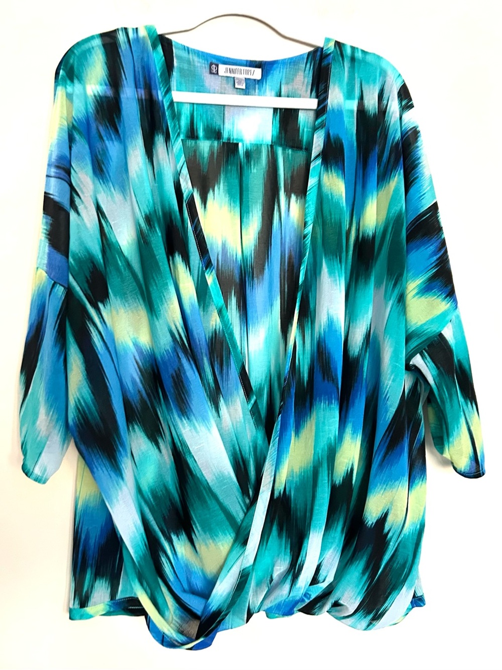 Jennifer Lopez Women’s Teal Blue Green Abstract Draped Blouse